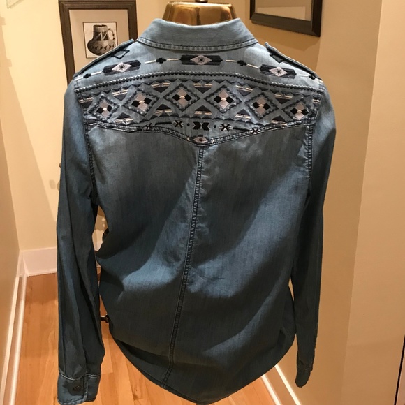 Sam Edelman Tops - Sam Edelman Chambray Aztec Embroidered Shirt